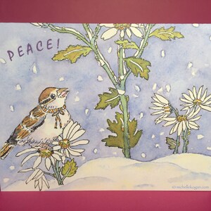 Carte de paix moineau des neiges et fleurs, par Michelle Kogan, Noël, Hanoucca, vacances, Nouvel An, aquarelles, oiseau, oeuvres d'art pour enfants, carte pour lettres