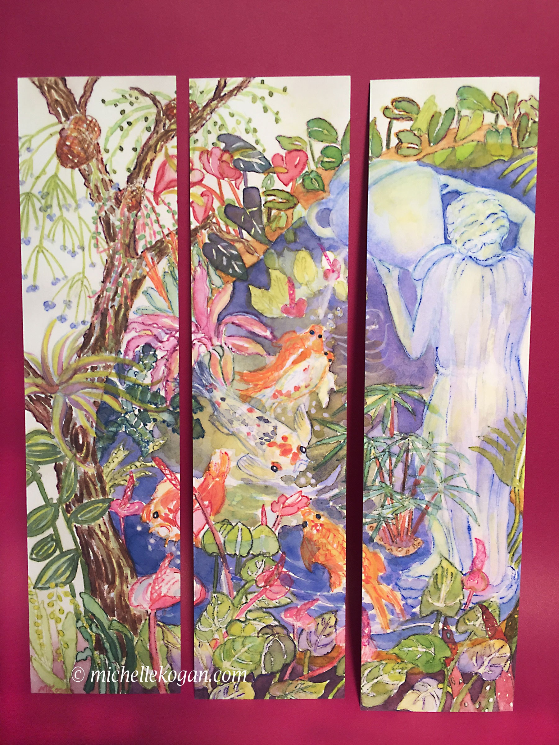 Koi Bookmarks, by Michelle Kogan, set of 3, Books, Book Accessories, Gardens, Ponds, Goddesses, Flowers, Art & Collectibles, Watercolor, Art