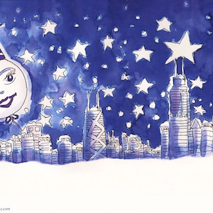 Cartes de voeux Moon Over Chicago, par Michelle Kogan, cartes de Noël, cartes de Hanoucca, cartes de Nouvel An, 5 x 7 pouces, stylo et encre, hiver