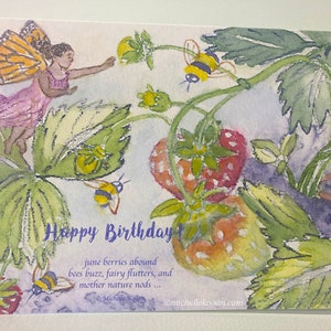 Juni Beeren, Bienen, & Fee B-Day Karte, Von Michelle Kogan, Fee Sommer Karte für jedermann, Natur Geburtstagskarte, saftige Aquarelle, Blanko