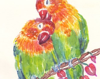 Lovebirds Archival Print, By Michelle Kogan, Watercolor, Art and Collectibles, Colorful, Children, Valentine