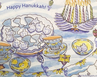 Tarjeta de felicitación Hanukkah Light Hope & Joy de Michelle Kogan, para familiares y amigos, deliciosa celebración de Hanukkah, tentadoras acuarelas