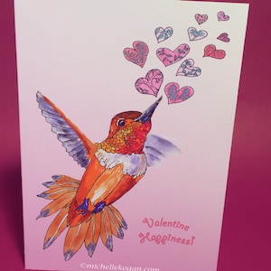 Cartão de felicitações de felicidade dos namorados, de Michelle Kogan, Dia dos Namorados, Alegria do beija-flor, Corações, Folhas, Amantes da natureza, Arte infantil