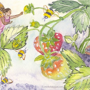 Carte postale baies, abeilles et fées, par Michelle Kogan, cartes postales, aquarelle, été fantaisiste, l'imagination abonde, amoureux de la nature, haïku