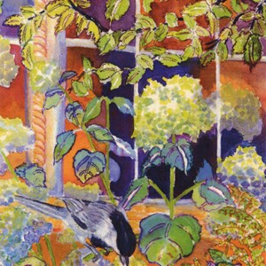 Carte de voeux mésange à tête noire, par Michelle Kogan, aquarelle, cartes de remerciement, hortensia, cartes d'anniversaire, orange, bleu, fleurs, automne