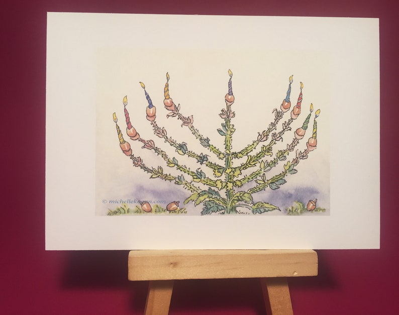 Sage Menorah mini archival print, by Michelle Kogan, prints, Hanukkah, Nature, Art and Collectibles, Children's Art, Watercolor, Holidays image 2