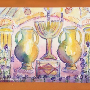 Old World Menorah Hanukkah Card, By Michelle Kogan, Greeting Card, Art and Collectibles, Watercolor, Painting, Menorah, Blank Card image 2