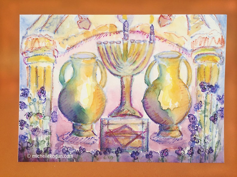 Old World Menorah Hanukkah Card, By Michelle Kogan, Greeting Card, Art and Collectibles, Watercolor, Painting, Menorah, Blank Card image 2