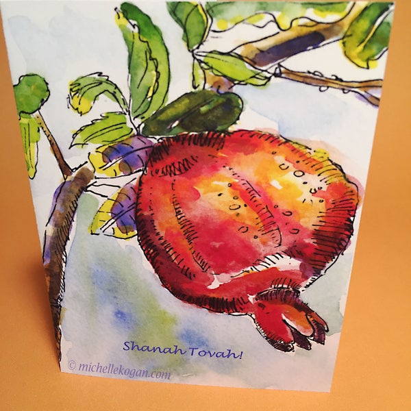 Rosh Hashanah Pomegranate Greeting Card, by Michelle Kogan, Shanah Tova, Jewish New Year, Haiku, Painting, Juicy pomegranate, High Holidays