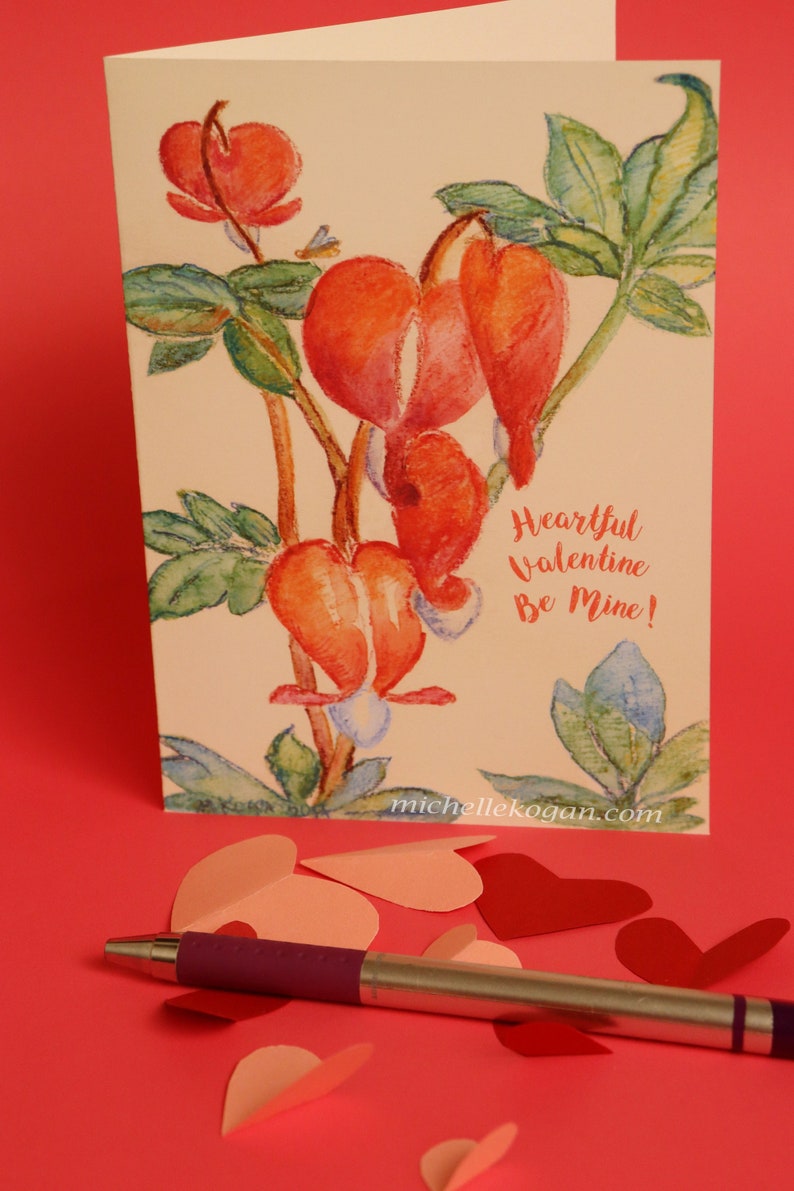 Heartful Valentine Card, by Michelle Kogan, Bleeding Hearts Poem, 4 All Loves, Vibrant Irresistible Red Hearts, Blank for your special note image 1