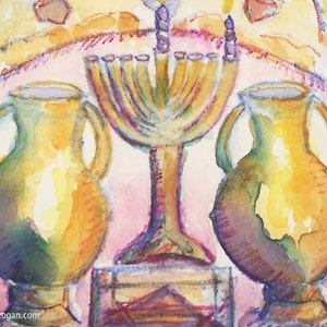 Carte Menorah Hanukkah du vieux monde, par Michelle Kogan, carte de voeux, art et objets de collection, aquarelle, peinture, menorah, carte vierge