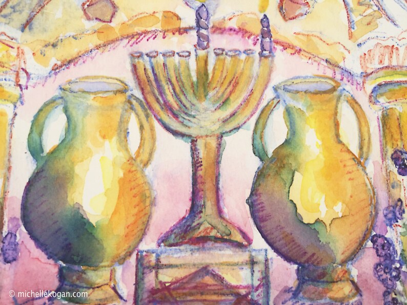 Old World Menorah Hanukkah Card, By Michelle Kogan, Greeting Card, Art and Collectibles, Watercolor, Painting, Menorah, Blank Card image 1