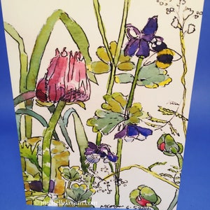 Menagerie of Flowers and Bee Greeting Card, by Michelle Kogan, Watercolor, Birthday, Anniversary, Thank you card, Just Because Card, Flowers