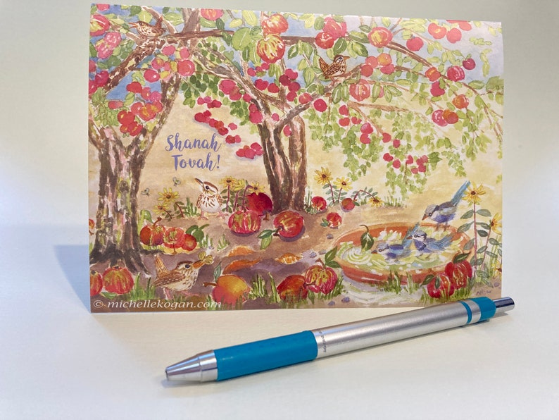 Apples & Wrens for Rosh Hashanah Greeting Card, By Michelle Kogan, Jewish New Year's Card, For Everyone, Shanah Tovah, Apple Orchard, Birds image 2