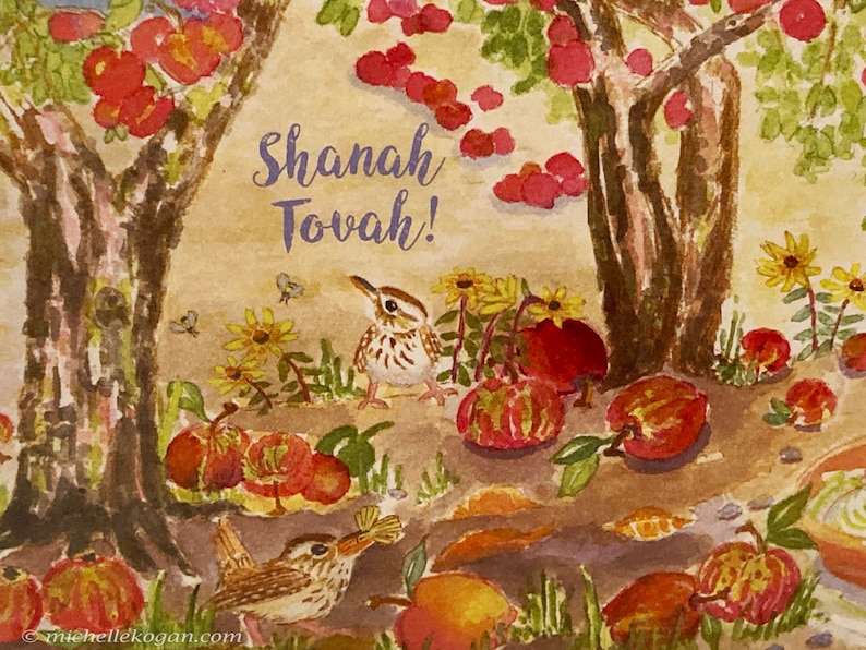 Apples & Wrens for Rosh Hashanah Greeting Card, By Michelle Kogan, Jewish New Year's Card, For Everyone, Shanah Tovah, Apple Orchard, Birds image 3