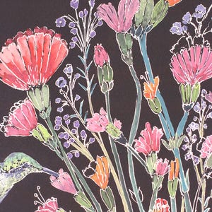 May include: Watercolor painting of colorful flowers in shades of pink, orange, and purple against a black background. The flowers have detailed white outlines, and the stems are green and blue. A hummingbird is visible on the left side of the image.
