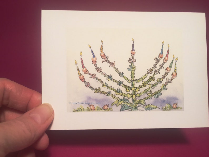 Sage Menorah mini archival print, by Michelle Kogan, prints, Hanukkah, Nature, Art and Collectibles, Children's Art, Watercolor, Holidays image 1