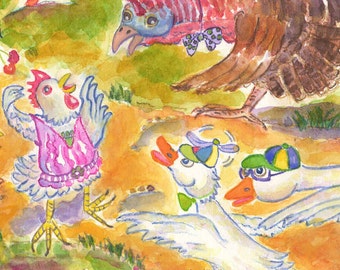 Archival Kids Print Chicken Licken, by Michelle Kogan, Watercolor, Children's Art, Illustration, Animals, Art & Collectibles, Henny Penny,