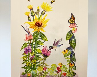 Impresión de Colibrí Little Ditty, Polinizadores de la naturaleza en verano, Abejas, Monarcas, Impresión en acuarela, Giclée, Para amantes de la naturaleza, Niños, Arte