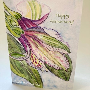 Tarjeta de aniversario de Alstroemeria, por Michelle Kogan, parejas casadas, esposo, esposa, ella, ella, ellos, él, él, acuarela y pluma
