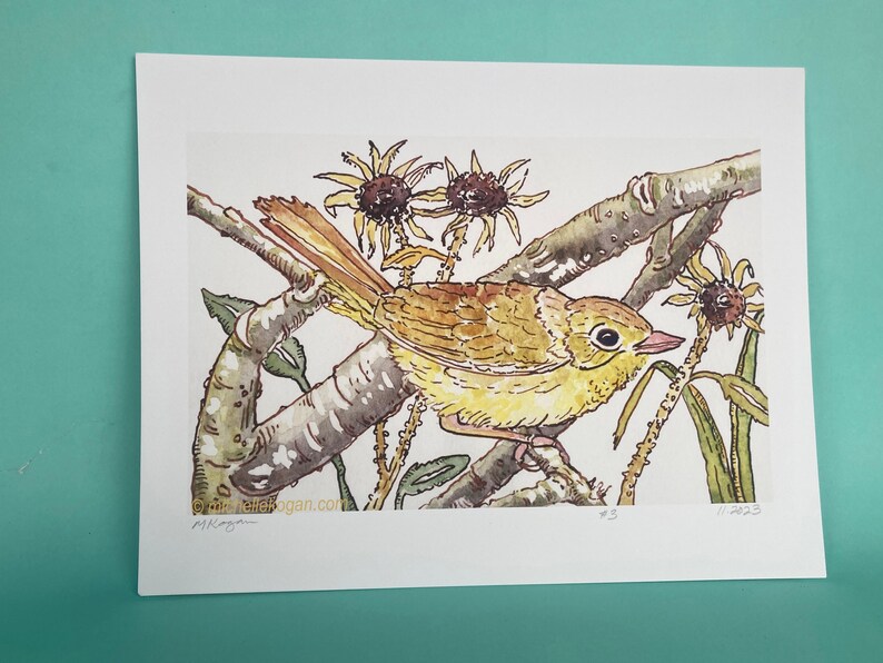 Common Yellow Throat Archival Print, by Michelle Kogan, For All Bird Lovers, Giclée, Bring Nature Inside, Wildflowers, Lively Print image 1