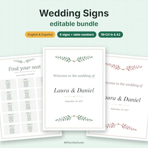 Carteles de boda editables | Seating chart, cartel de bienvenida, programa y números de mesa | PDF español e inglés