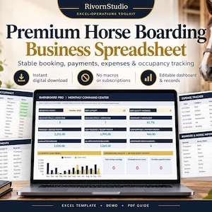 May include: A laptop displaying a Premium Horse Boarding Business Spreadsheet by RivornStudio. The screen shows a Barnboard Pro Monthly Command Center dashboard with charts, expense trackers, and stall occupancy data for horse boarding management.