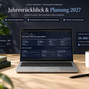 Puede incluir: Un ordenador portátil que muestra una plantilla de Excel titulada Jahresrückblick & Planung 2027, con análisis de negocio, datos de clientes y métricas financieras. La pantalla muestra tablas y gráficos de rendimiento de 2026.