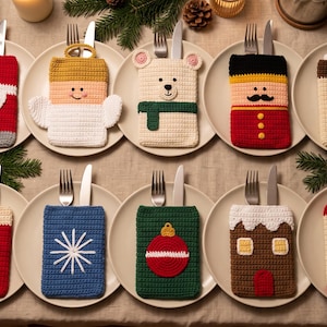Christmas Cutlery Holder Crochet Pattern PDF Set 2, 10 Designs, Gnome Angel Polar Bear Nutcracker, Table Decor, English German French