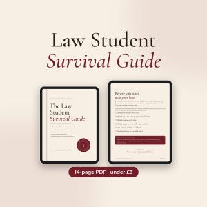 May include: Two digital tablets displaying pages from The Law Student Survival Guide. The left screen shows the title page, while the right screen displays a checklist titled Before you start, map your base. A dark red button below reads 14-page PDF.