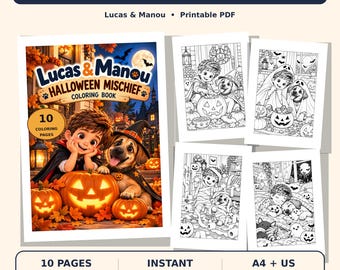 May include: A Halloween colouring book titled Lucas & Manou Halloween Mischief featuring a cover illustration of a child and a dog with pumpkins. Includes 10 printable pages in A4 and US Letter PDF formats for instant download.