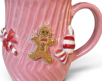 Handmade pink gingerbread man Christmas mug