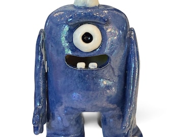 Cute cyclops monster blue iridescent one eye one horn handmade monster