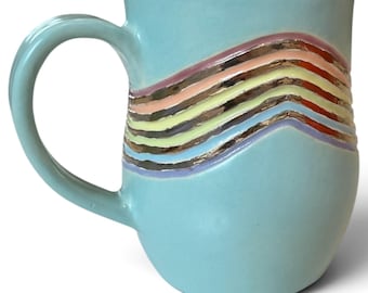 Rainbow mug with gold handmade mug blue sky pastel rainbow gold mug