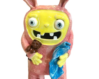 Handmade Stoneware Monster Sculpture: Bunny Ears, Teddy Bear