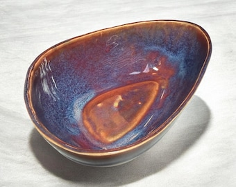 Handmade Stoneware Bowl: purple blue drippy glaze organic shape dip bowl trinket dish