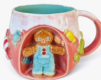 Handmade speckled rustic gingerbread man Christmas mug pink turquoise