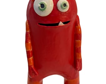 Cute Red monster striped horns crazy eyes monster sculpture