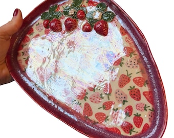 Imperfect Strawberry theme tray trinket dish handmade mother of pearl iridescent finish