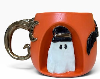 Handmade pottery mug ghost orange fall mug witch Halloween mug