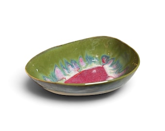 Handmade Stoneware Bowl: green pink drippy glaze organic shape dip bowl trinket dish