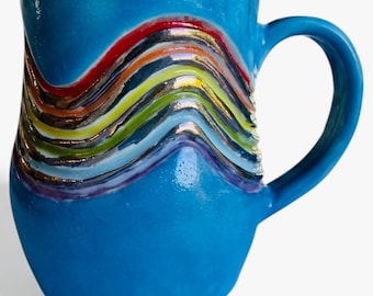 Rainbow mug handmade mug kawaii blue sky