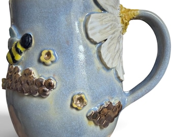 Handmade whimsical honey bee flower mug pottery cup cottage core gold honey comb