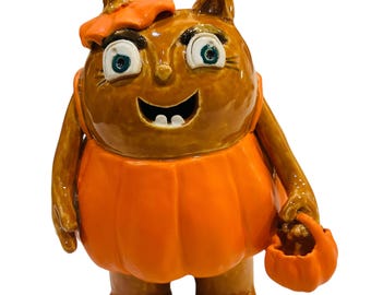 Handmade Kitty Pumpkin Monster Sculpture, Stoneware Clay