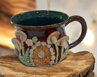 Handmade fairy garden mushroom fruit mug hobbit hole round door mug pottery cup cottage core