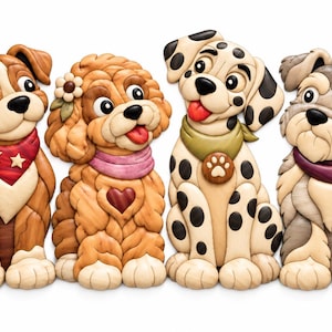 May include: A wall art piece featuring four wooden dog figures. The first is brown with a red bandana, the second is light brown with a pink scarf and heart, the third is a spotted dog with a green bandana, and the fourth is gray with a purple scarf.