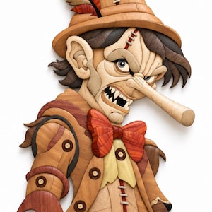 May include: A wooden marquetry wall art piece depicting a puppet character with a long nose, sharp teeth, and a feathered hat. The figure is constructed from various wood tones including light tan, dark brown, and reddish-brown grain patterns.