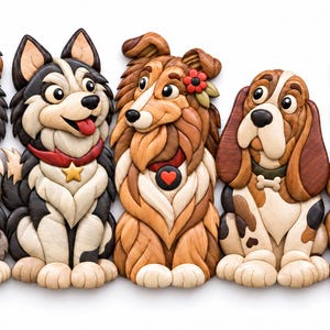 May include: A wall art piece featuring five handcrafted wooden dogs arranged in a row. Each dog is made from various wood tones and textures, showcasing intricate layered details, colorful collars with unique charms, and expressive faces.