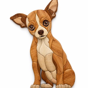 Può includere: Un'opera d'arte da parete in legno realizzata a mano a forma di cane Chihuahua seduto. L'opera presenta varie tonalità di venature del legno naturale, inclusi toni crema chiaro, marrone medio e marrone scuro, assemblati in stile mosaico.