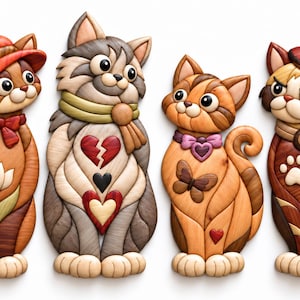 May include: A wall art set featuring four wooden cat figures. The first cat wears a red hat and bow, the second has a broken heart and scarf, the third features a butterfly and heart, and the fourth displays paw prints and a beret.